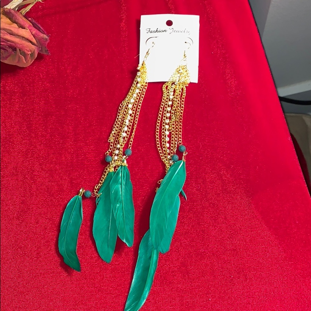 Green Feather & Gold Link/Cubic Zirconia Earrings